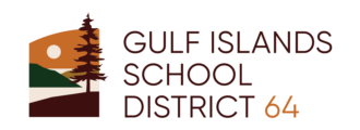 Gulf Islands School District 64 logo with illustrations of a brown tree in the foreground and a green mountain and clear water in the backdrop
