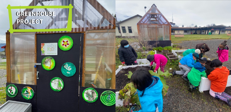 Shaping Young Minds in Northern British Columbia Join the Vibrant Community of Alvin A. McKay Elementary School in Laxgalts'ap, Nisga'a Nation - Green House Project photo of the greenhouse and the kids outside planting 